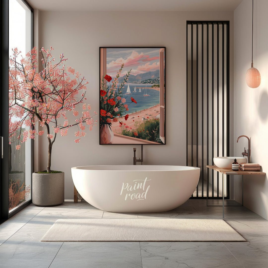 This artwork captures a serene coastal scene viewed through an open window, framing a picturesque l… for bathroom