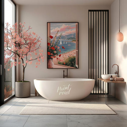 This artwork captures a serene coastal scene viewed through an open window, framing a picturesque l… for bathroom