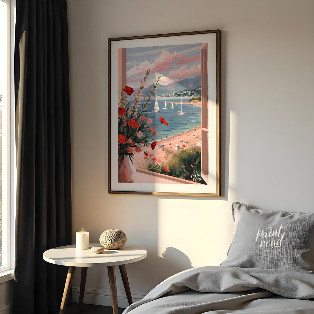 This artwork captures a serene coastal scene viewed through an open window, framing a picturesque l… for bedroom