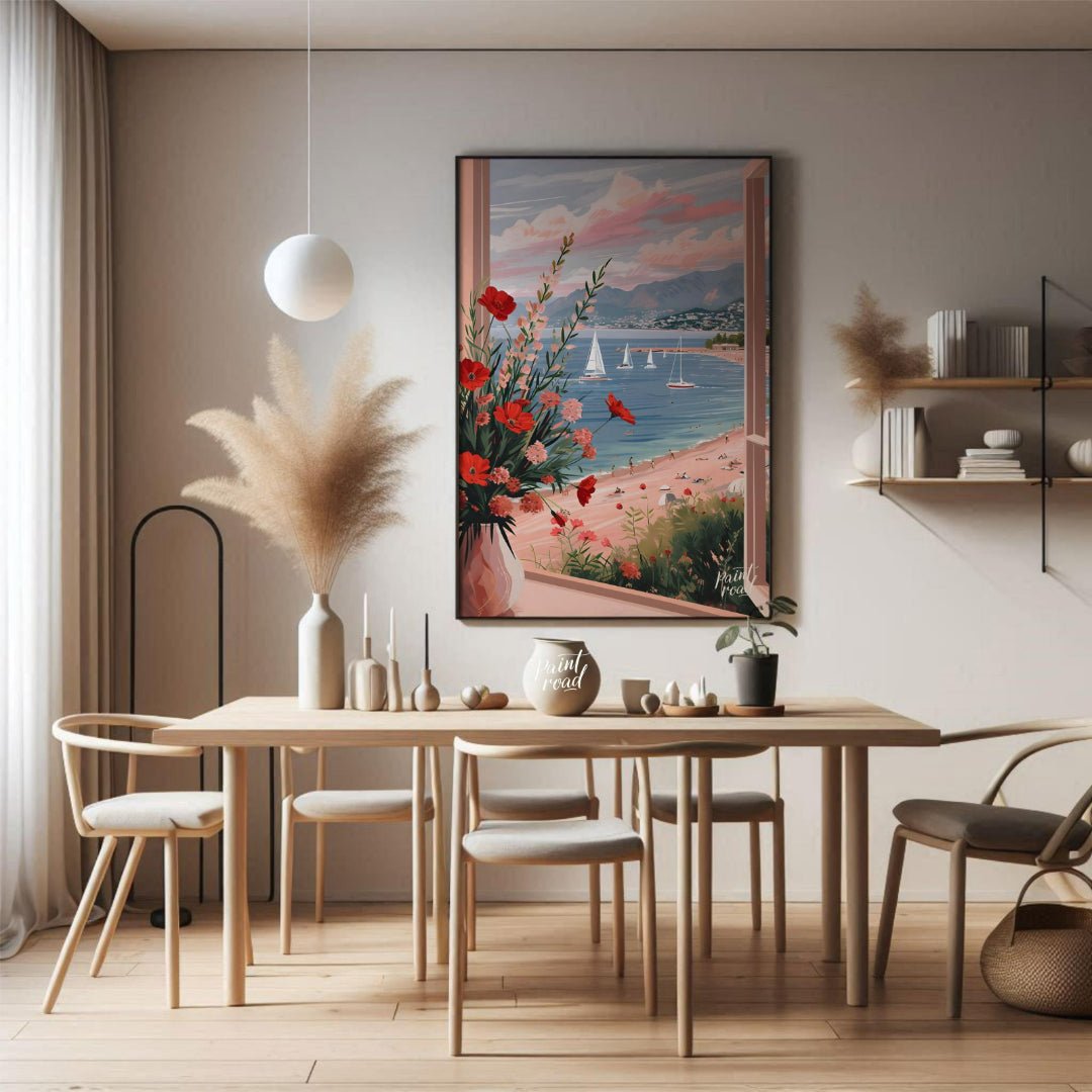This artwork captures a serene coastal scene viewed through an open window, framing a picturesque l… for dining room