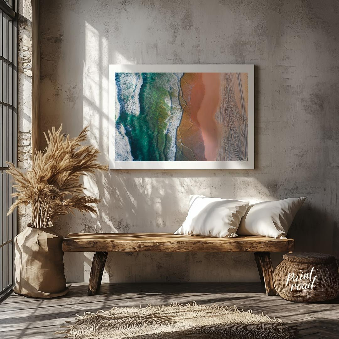 “Coastal Vista” offers a breathtaking aerial perspective of a vibrant beach scene, showcasing the s… for entryway