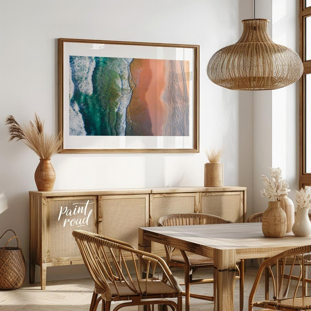 “Coastal Vista” offers a breathtaking aerial perspective of a vibrant beach scene, showcasing the s… for dining room