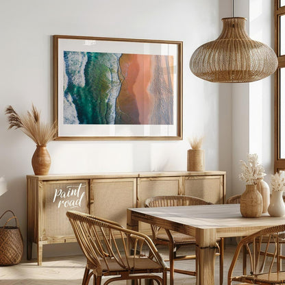 “Coastal Vista” offers a breathtaking aerial perspective of a vibrant beach scene, showcasing the s… for dining room