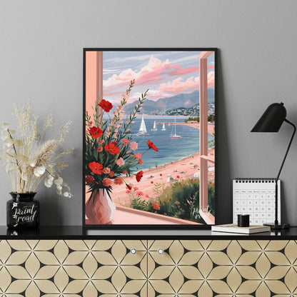 This artwork captures a serene coastal scene viewed through an open window, framing a picturesque l… for living room