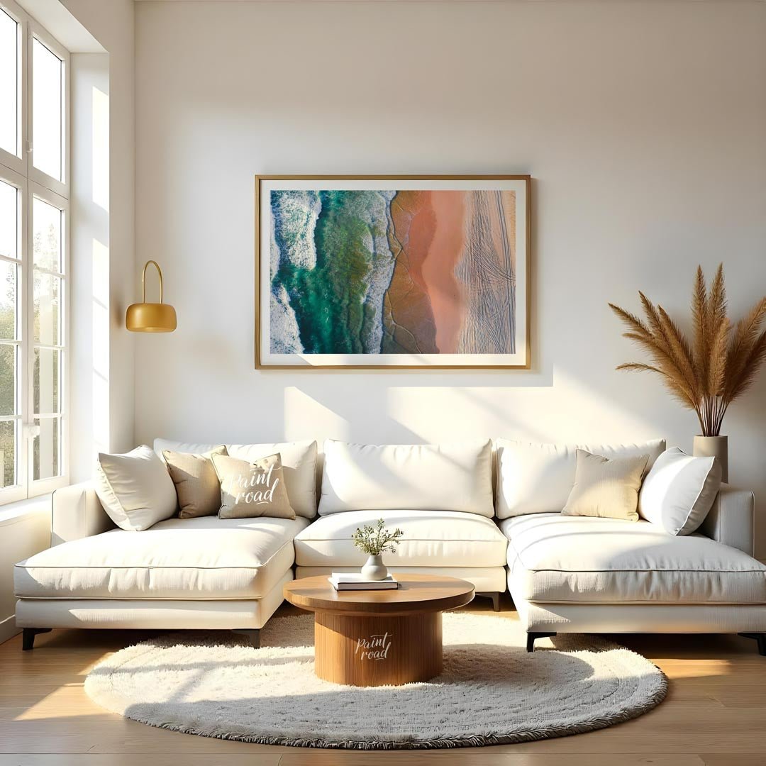 “Coastal Vista” offers a breathtaking aerial perspective of a vibrant beach scene, showcasing the s… for living room