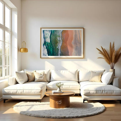 “Coastal Vista” offers a breathtaking aerial perspective of a vibrant beach scene, showcasing the s… for living room