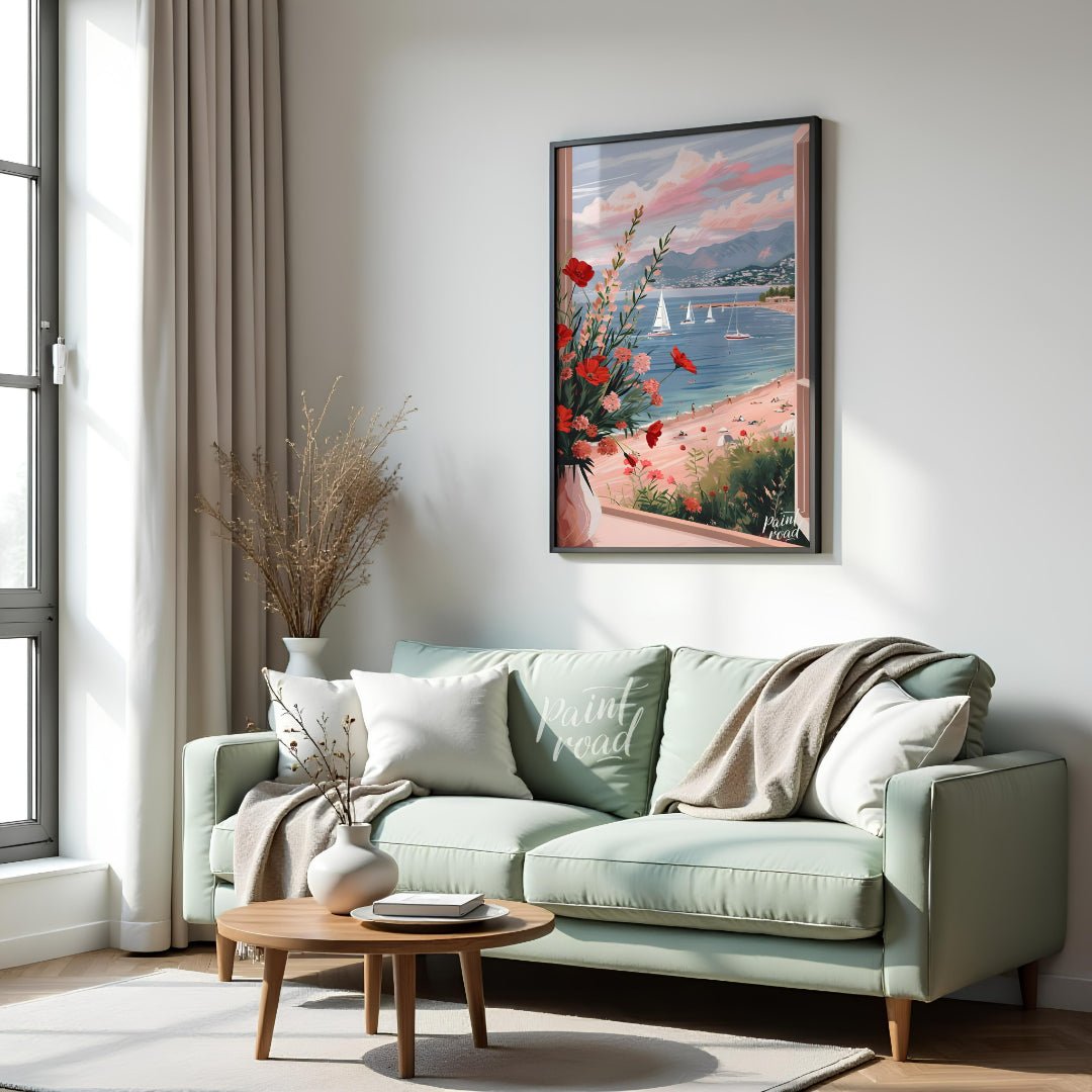 This artwork captures a serene coastal scene viewed through an open window, framing a picturesque l… for living room