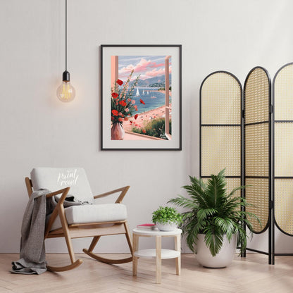 This artwork captures a serene coastal scene viewed through an open window, framing a picturesque l… for living room