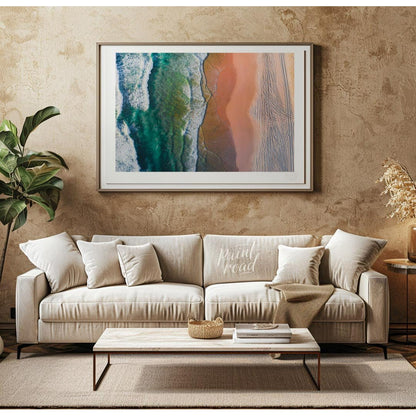 “Coastal Vista” offers a breathtaking aerial perspective of a vibrant beach scene, showcasing the s… for living room