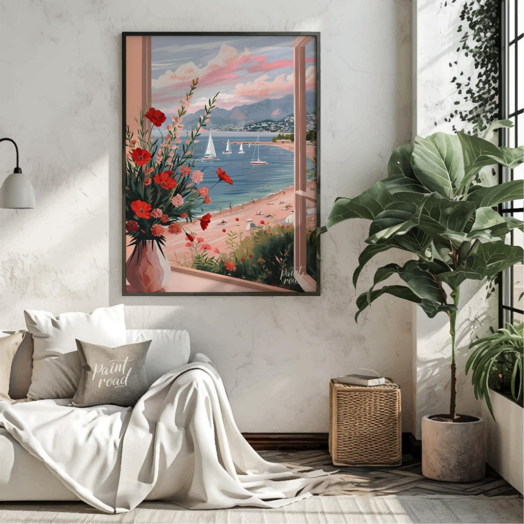 This artwork captures a serene coastal scene viewed through an open window, framing a picturesque l… for living room