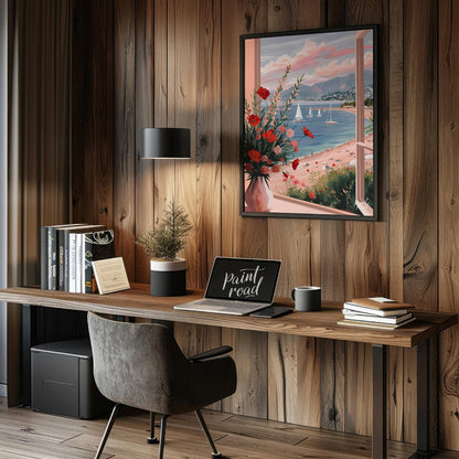 This artwork captures a serene coastal scene viewed through an open window, framing a picturesque l… for office