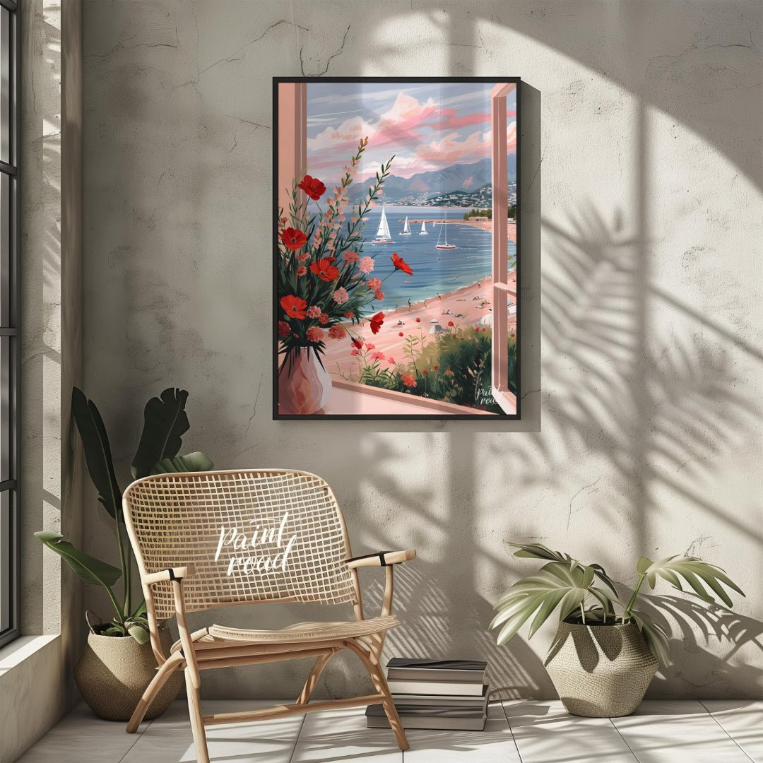 This artwork captures a serene coastal scene viewed through an open window, framing a picturesque l… for other