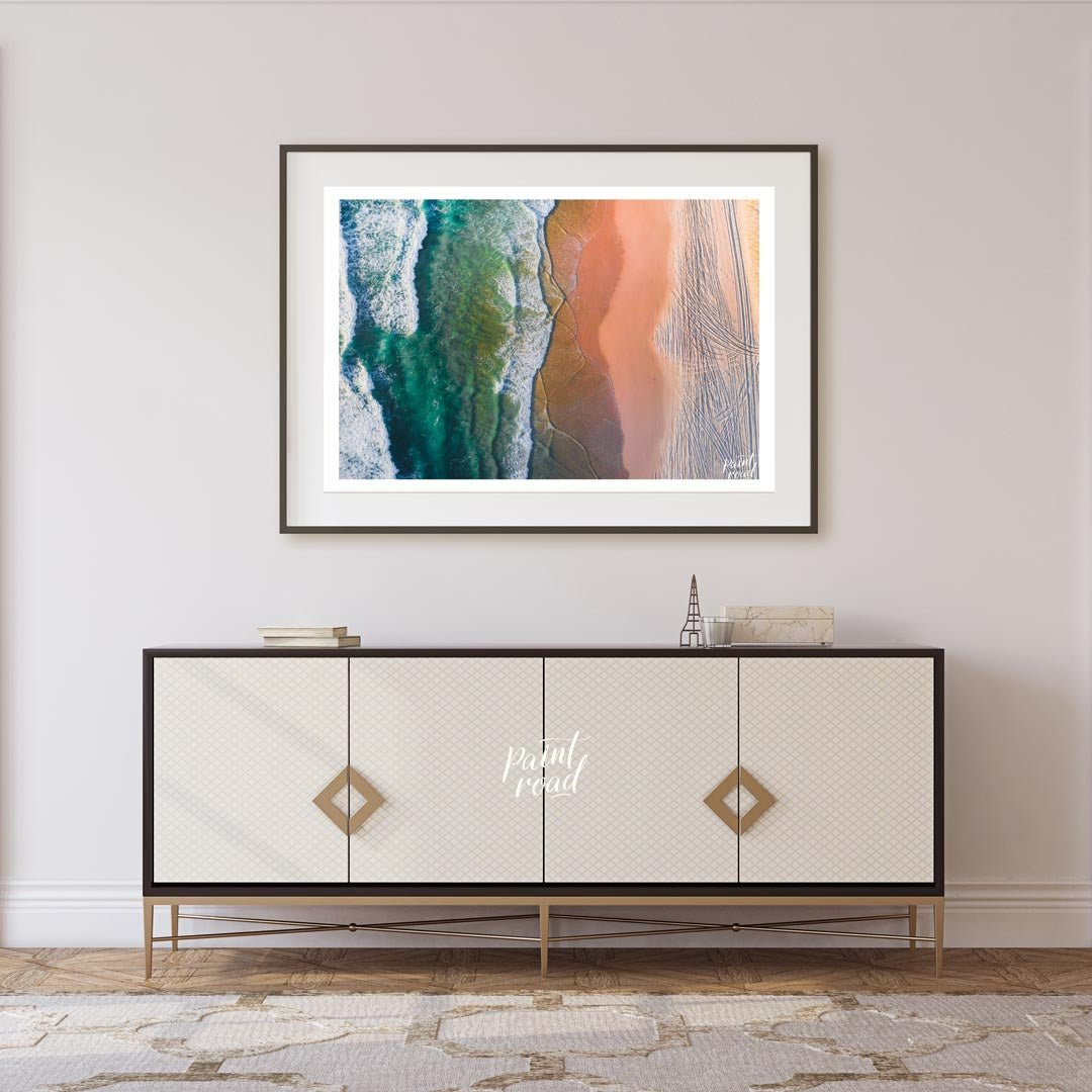“Coastal Vista” offers a breathtaking aerial perspective of a vibrant beach scene, showcasing the s… for living room