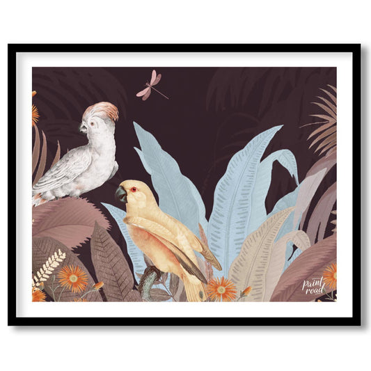 This evocative artwork features a white cockatoo with a delicate pink crest and a light yellow parr… for area