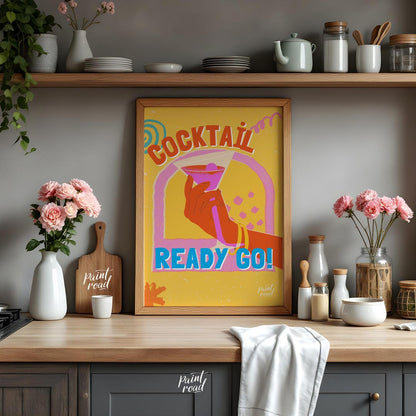 This dynamic and playful poster features a bold illustration of a hand holding a vibrant pink marti… for kitchen