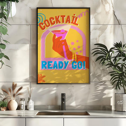 This dynamic and playful poster features a bold illustration of a hand holding a vibrant pink marti… for kitchen