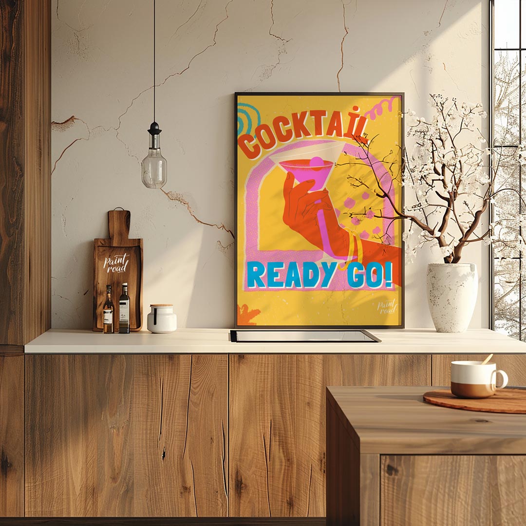 This dynamic and playful poster features a bold illustration of a hand holding a vibrant pink marti… for kitchen