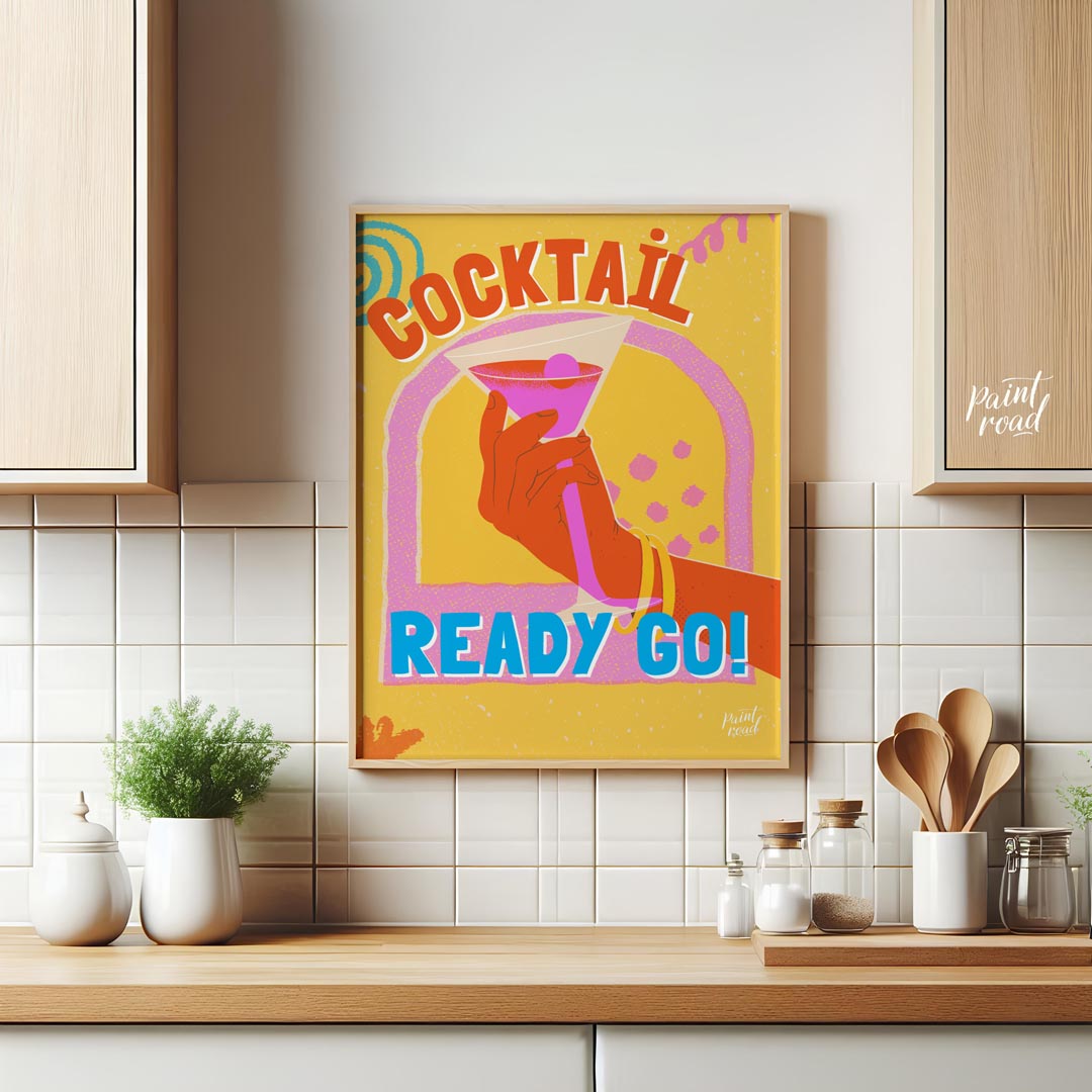 This dynamic and playful poster features a bold illustration of a hand holding a vibrant pink marti… for kitchen