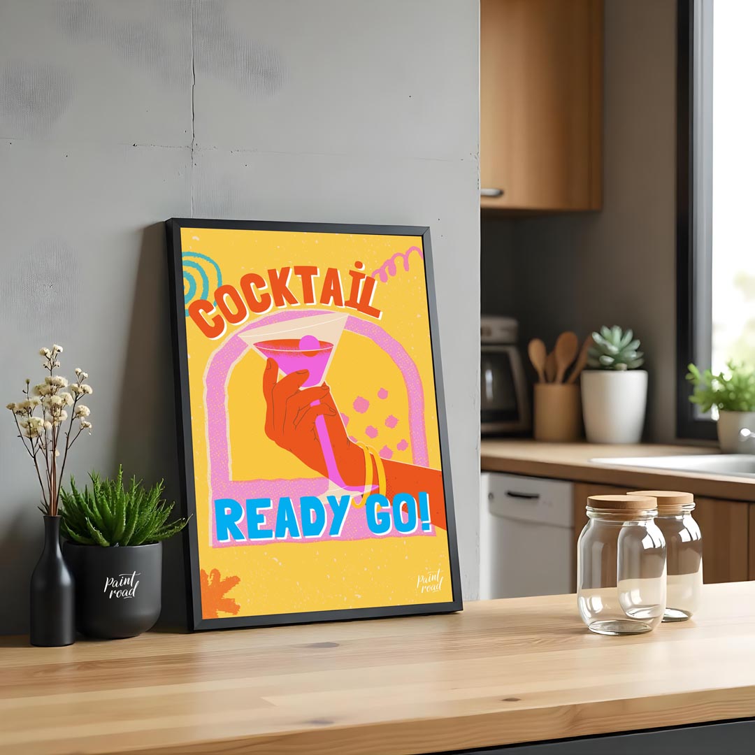 This dynamic and playful poster features a bold illustration of a hand holding a vibrant pink marti… for kitchen