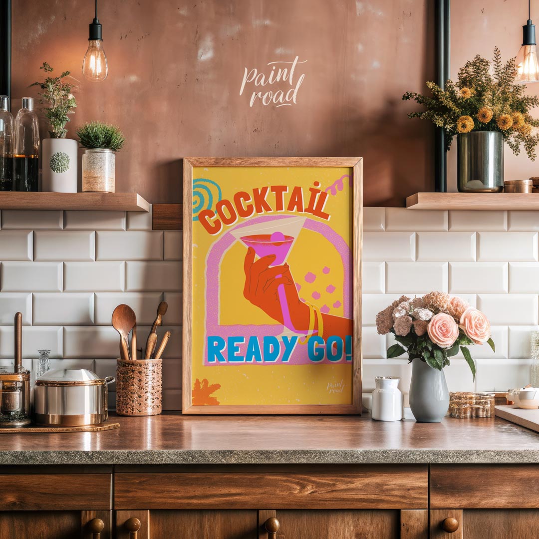 This dynamic and playful poster features a bold illustration of a hand holding a vibrant pink marti… for kitchen