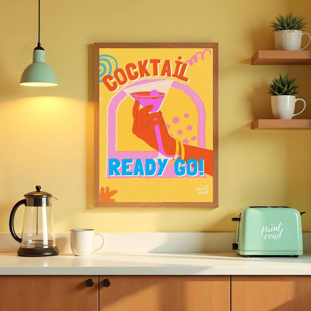 This dynamic and playful poster features a bold illustration of a hand holding a vibrant pink marti… for kitchen