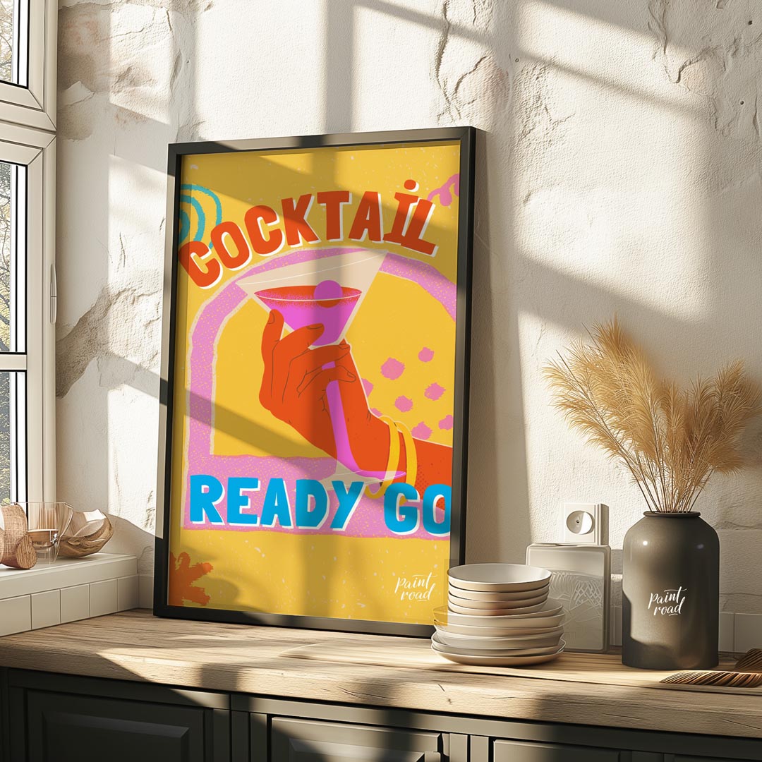This dynamic and playful poster features a bold illustration of a hand holding a vibrant pink marti… for kitchen