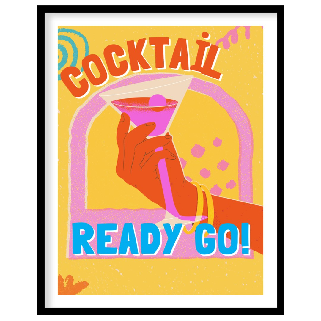 This dynamic and playful poster features a bold illustration of a hand holding a vibrant pink marti… for lovely house