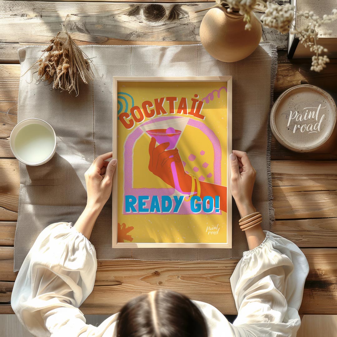 This dynamic and playful poster features a bold illustration of a hand holding a vibrant pink marti… for other