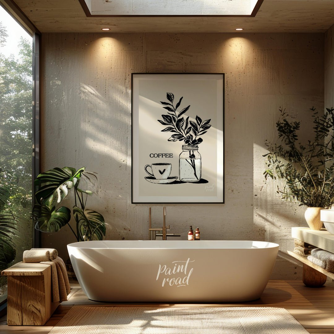 This elegant digital illustration features a stylized coffee cup and saucer alongside a glass jar h… for bathroom