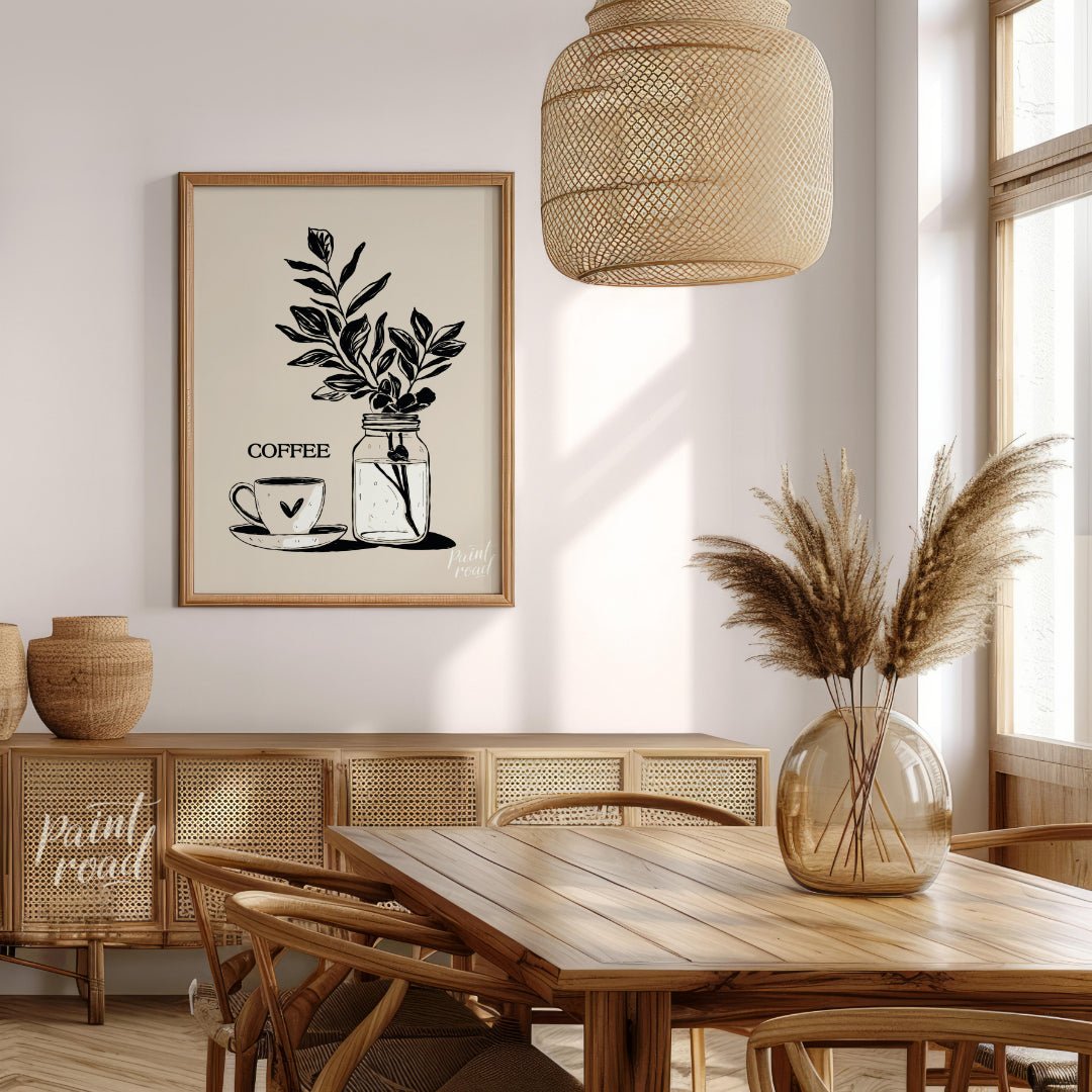 This elegant digital illustration features a stylized coffee cup and saucer alongside a glass jar h… for dining room