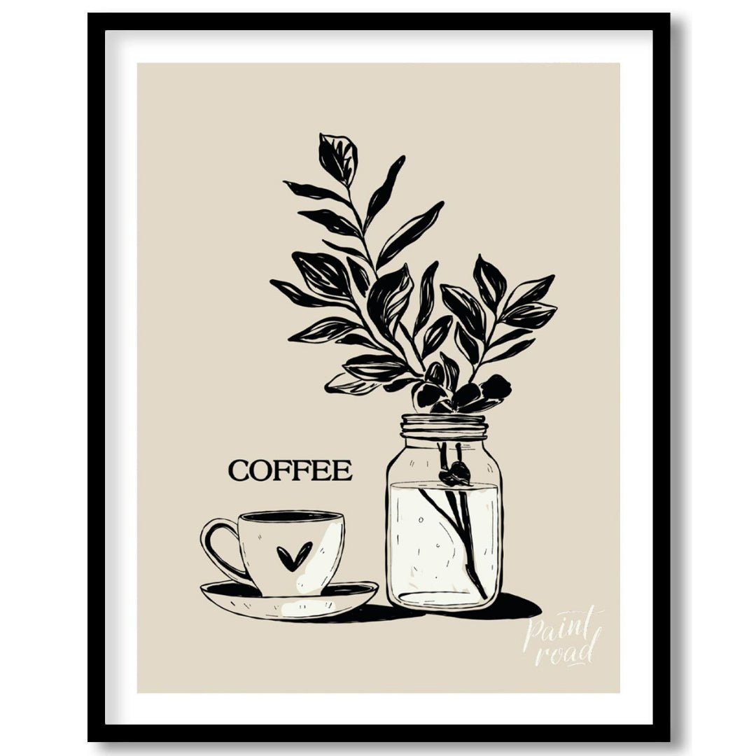 This elegant digital illustration features a stylized coffee cup and saucer alongside a glass jar h… for house