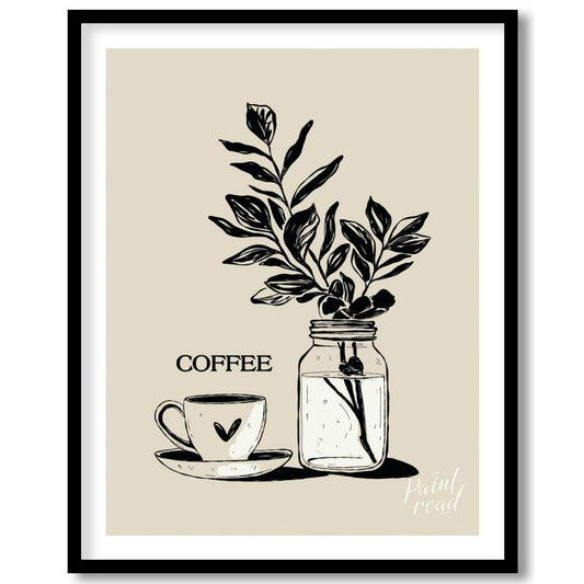 This elegant digital illustration features a stylized coffee cup and saucer alongside a glass jar h… for house