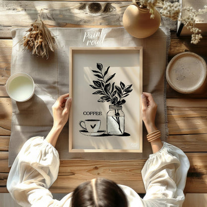 This elegant digital illustration features a stylized coffee cup and saucer alongside a glass jar h… for kitchen
