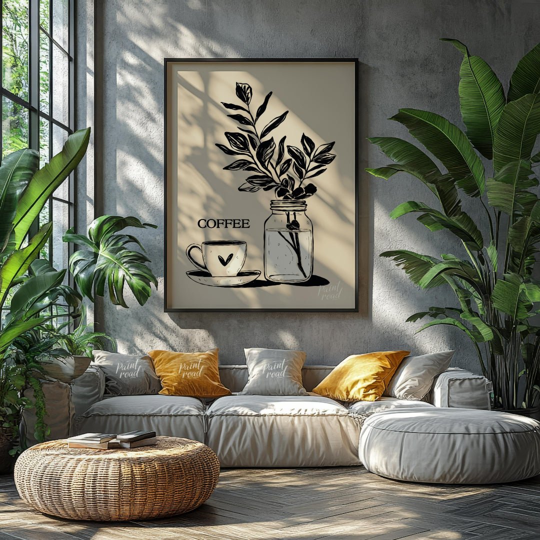 This elegant digital illustration features a stylized coffee cup and saucer alongside a glass jar h… for living room