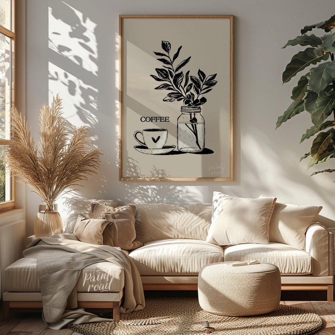 This elegant digital illustration features a stylized coffee cup and saucer alongside a glass jar h… for living room