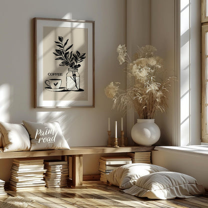 This elegant digital illustration features a stylized coffee cup and saucer alongside a glass jar h… for living room