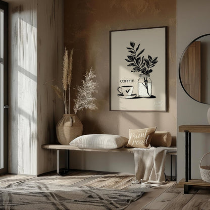 This elegant digital illustration features a stylized coffee cup and saucer alongside a glass jar h… for living room