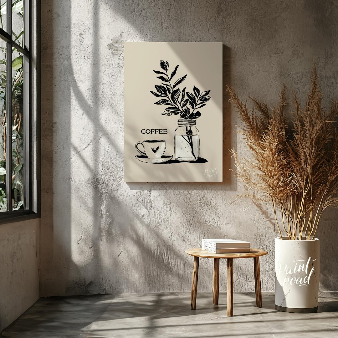 This elegant digital illustration features a stylized coffee cup and saucer alongside a glass jar h… for other