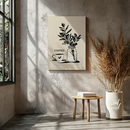 This elegant digital illustration features a stylized coffee cup and saucer alongside a glass jar h… for other
