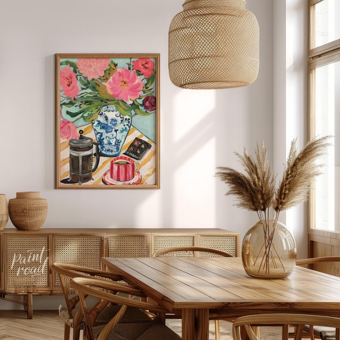 This vibrant art captures a delightful still life with a touch of whimsy. A vibrant bouquet of pink… for dining room