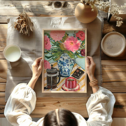 This vibrant art captures a delightful still life with a touch of whimsy. A vibrant bouquet of pink… for other