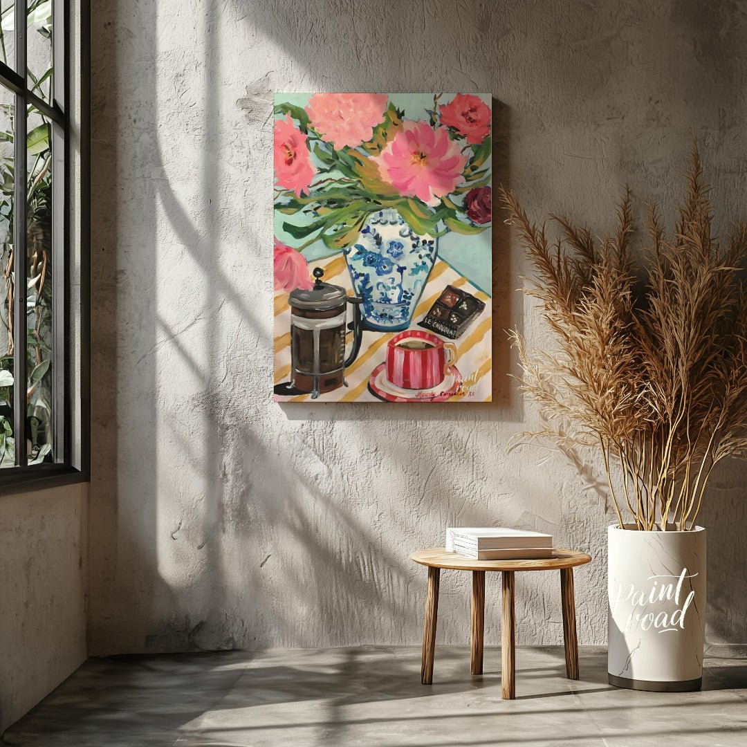 This vibrant art captures a delightful still life with a touch of whimsy. A vibrant bouquet of pink… for other