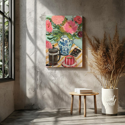 This vibrant art captures a delightful still life with a touch of whimsy. A vibrant bouquet of pink… for other
