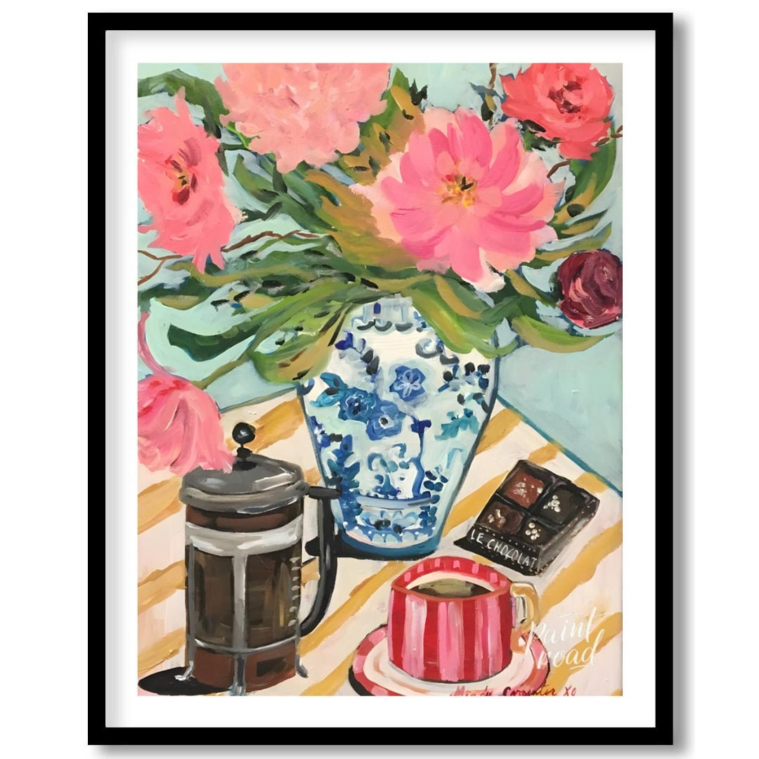 This vibrant art captures a delightful still life with a touch of whimsy. A vibrant bouquet of pink… for place