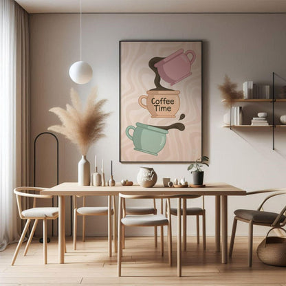 This whimsical and charming illustration, titled “Coffee Time,” depicts a playful cascade of coffee… for dining room