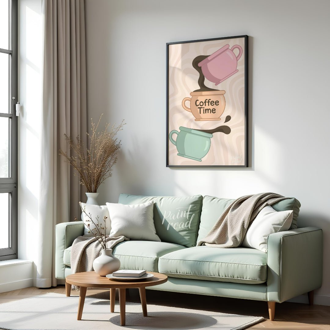 This whimsical and charming illustration, titled “Coffee Time,” depicts a playful cascade of coffee… for living room
