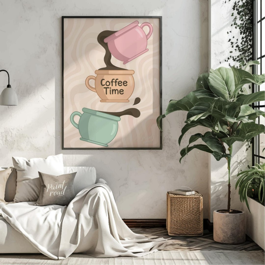 This whimsical and charming illustration, titled “Coffee Time,” depicts a playful cascade of coffee… for living room
