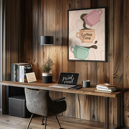 This whimsical and charming illustration, titled “Coffee Time,” depicts a playful cascade of coffee… for office