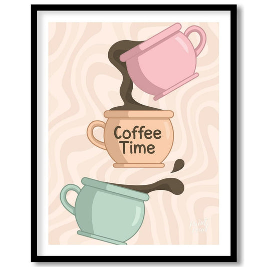 This whimsical and charming illustration, titled “Coffee Time,” depicts a playful cascade of coffee… for space