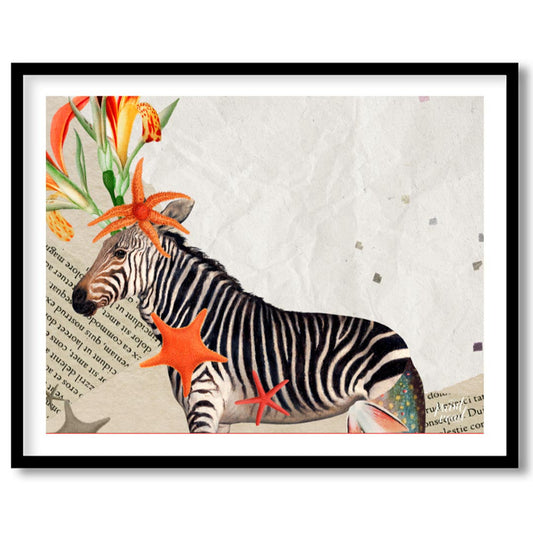 This unique and eclectic collage artwork features a zebra as its central motif, adorned with surpri… for area
